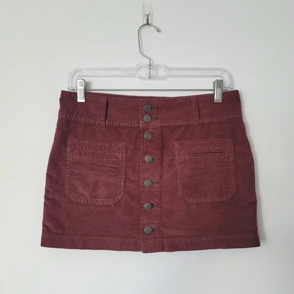 Free People‎ Joanie Brown Corduroy Skirt Size 26 Button Front Mini Cargo Grunge